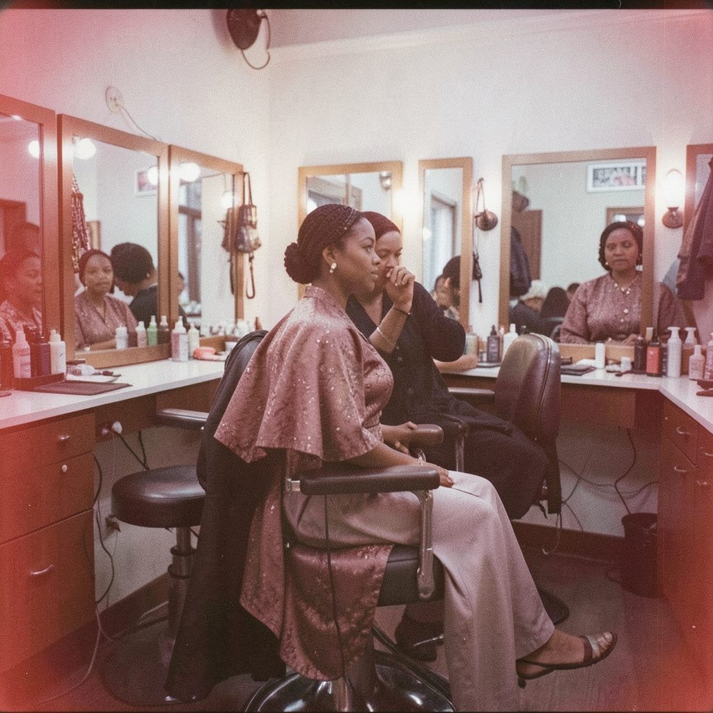 A grainy analog film photograph of a beauty salon interior with warm amber lighting, soft reflections in mirrors, and gentle pastel tones