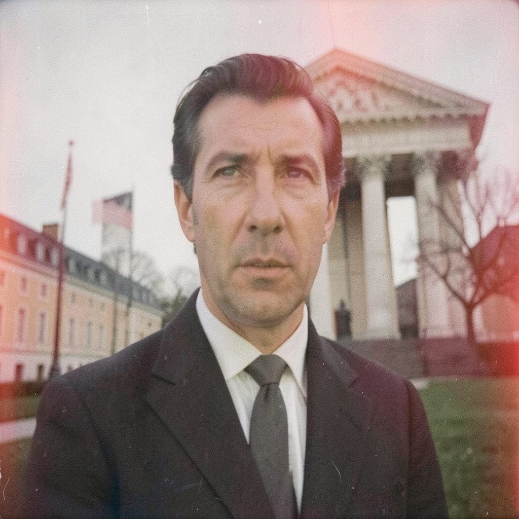 A grainy analog film photograph with muted courtroom tones, suggesting a legal and news-related setting in a moody, neutral atmosphere